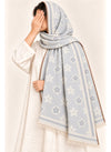 Pale Silver floral wool winter scarf, 31 x 72 inches, worn by a model | Hijab Ul Hareem