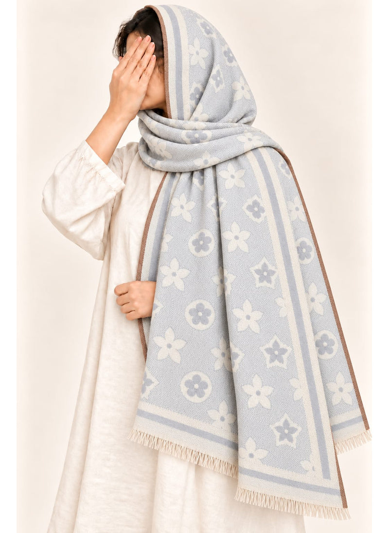 Pale Silver floral wool winter scarf, 31 x 72 inches, worn by a model | Hijab Ul Hareem