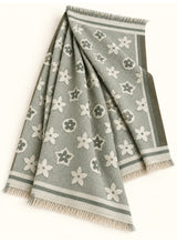 Sage Green floral wool winter scarf, 31 x 72 inches, flat-lay showing floral pattern, borders and fringed ends | Hijab Ul Hareem