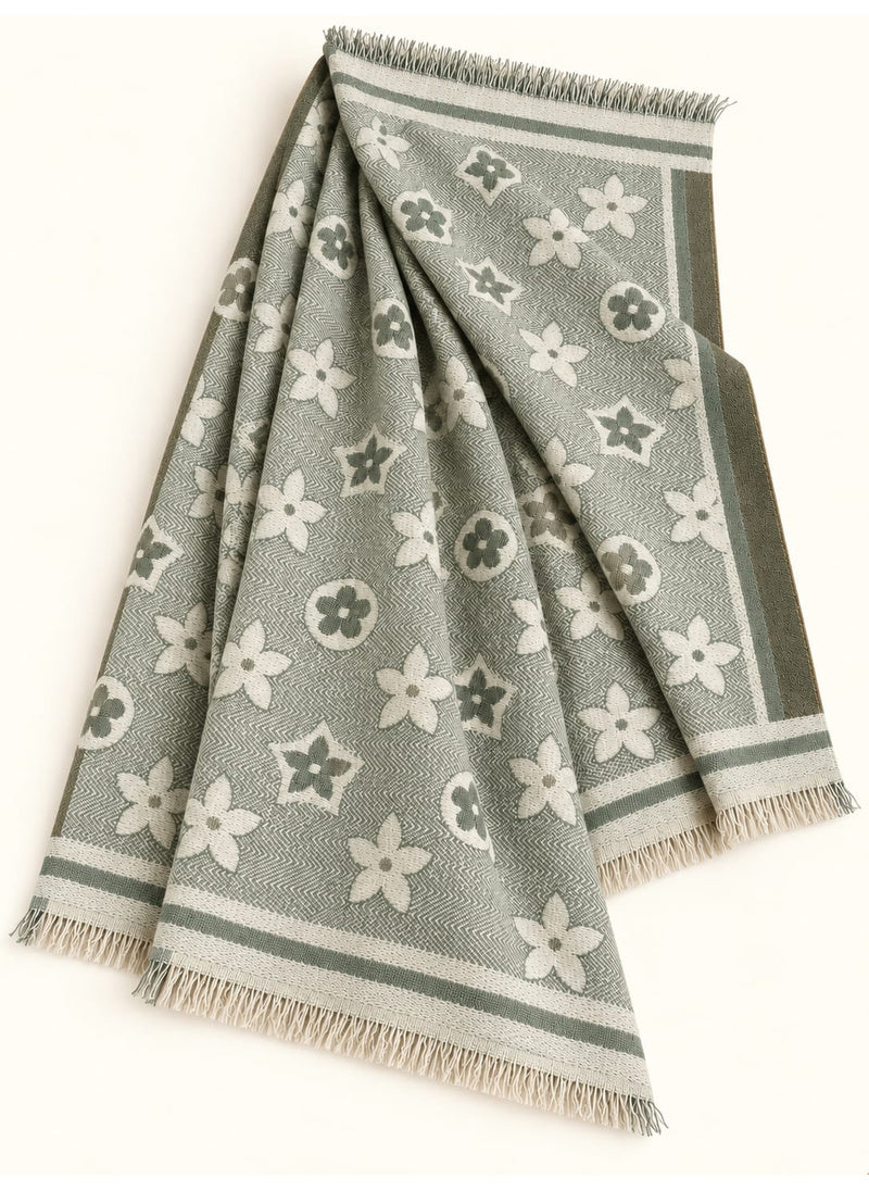 Sage Green floral wool winter scarf, 31 x 72 inches, flat-lay showing floral pattern, borders and fringed ends | Hijab Ul Hareem