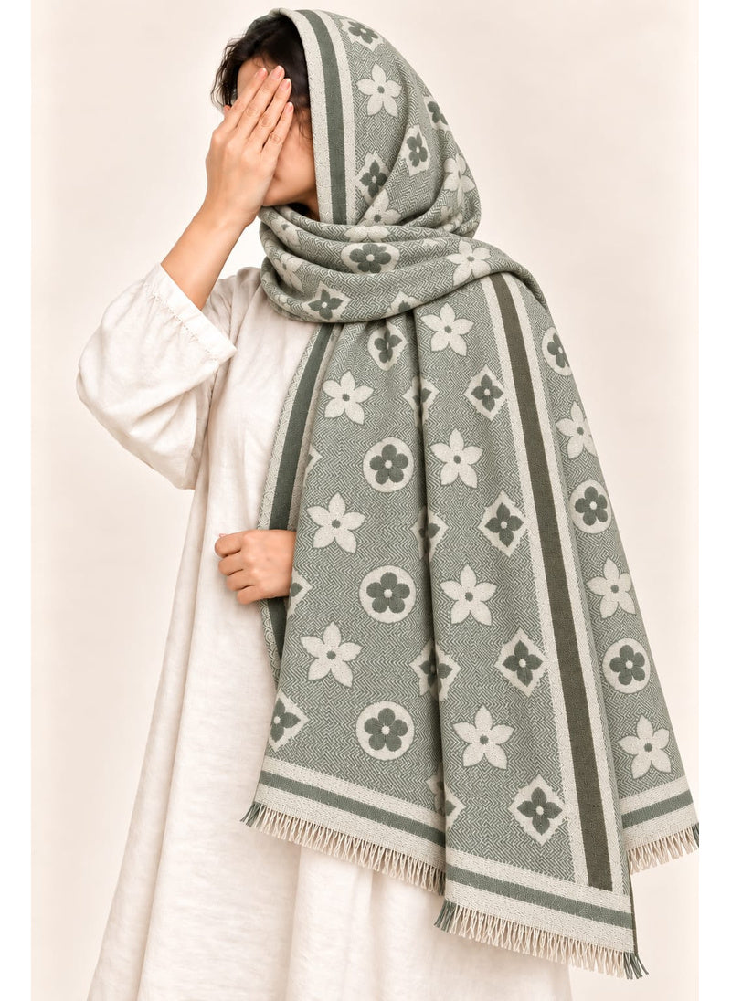 Sage Green floral wool winter scarf, 31 x 72 inches, worn by a model | Hijab Ul Hareem