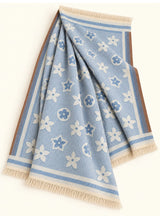 Sky Blue floral wool winter scarf, 31 x 72 inches, flat-lay showing floral pattern, borders and fringed ends | Hijab Ul Hareem