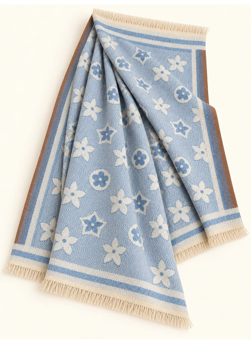 Sky Blue floral wool winter scarf, 31 x 72 inches, flat-lay showing floral pattern, borders and fringed ends | Hijab Ul Hareem