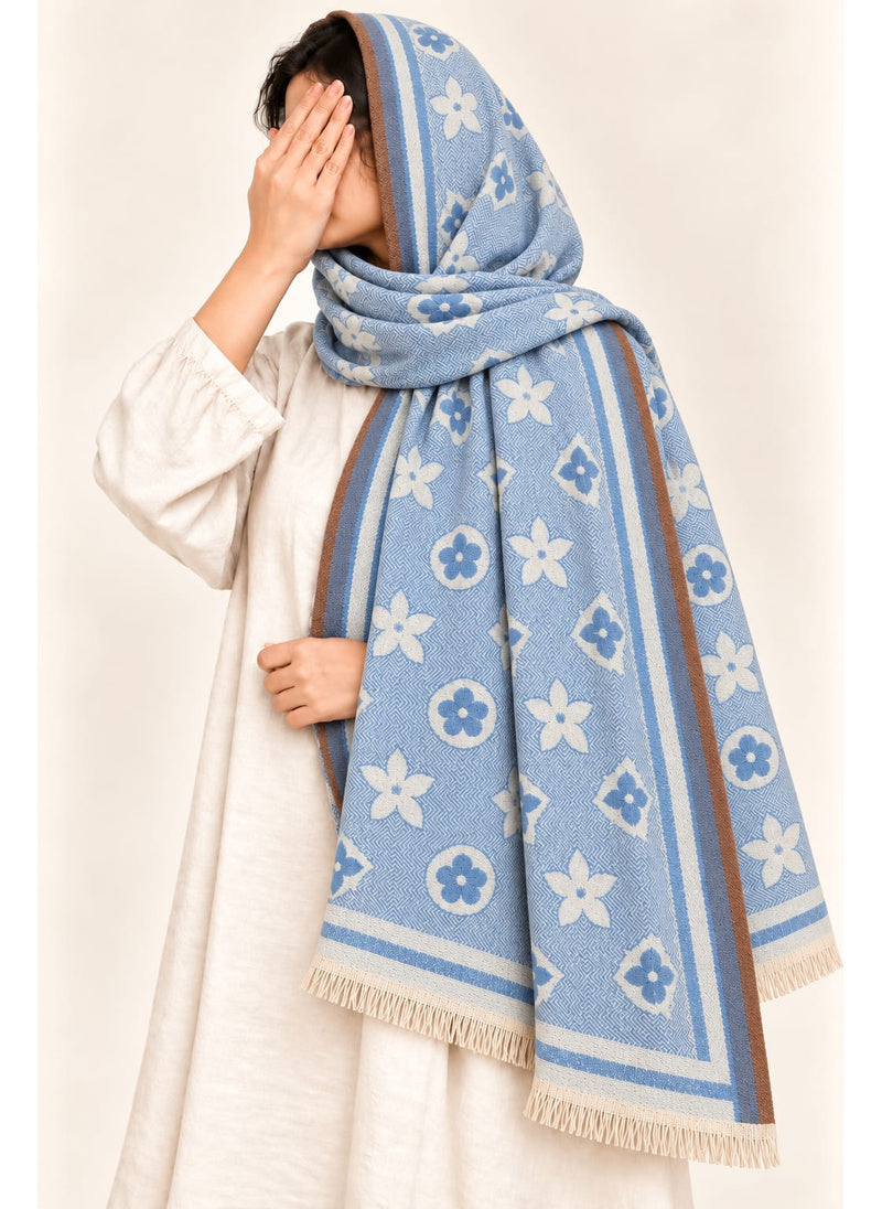 Sky Blue floral wool winter scarf, 31 x 72 inches, worn by a model | Hijab Ul Hareem