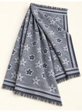 Slate Grey floral wool winter scarf, 31 x 72 inches, flat-lay showing floral pattern, borders and fringed ends | Hijab Ul Hareem
