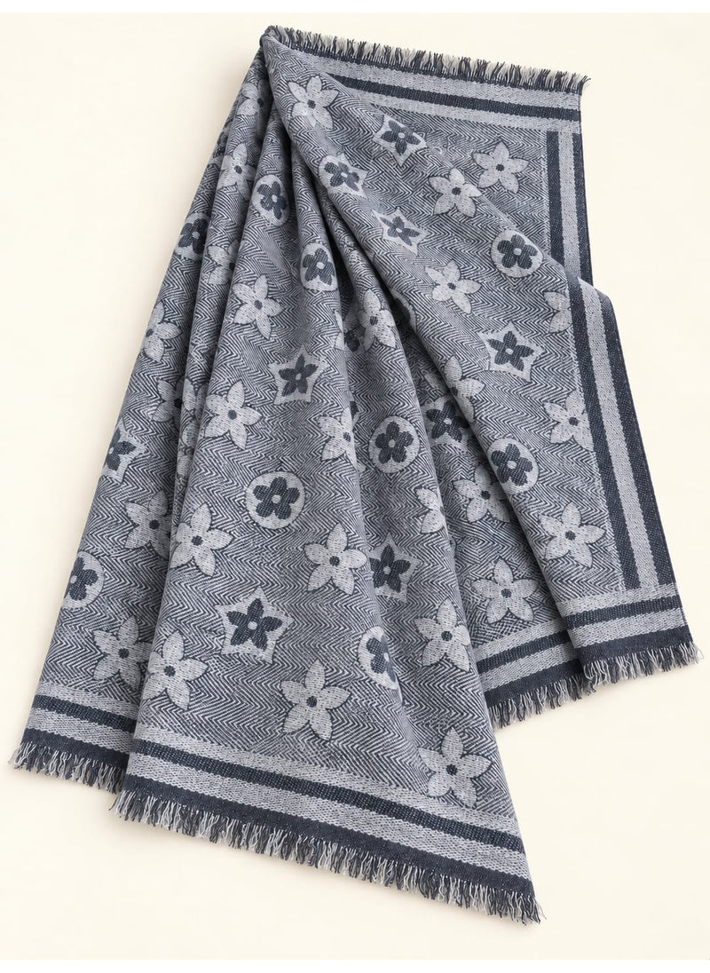 Slate Grey floral wool winter scarf, 31 x 72 inches, flat-lay showing floral pattern, borders and fringed ends | Hijab Ul Hareem