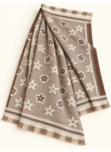 Taupe floral wool winter scarf, 31 x 72 inches, flat-lay showing floral pattern, borders and fringed ends | Hijab Ul Hareem