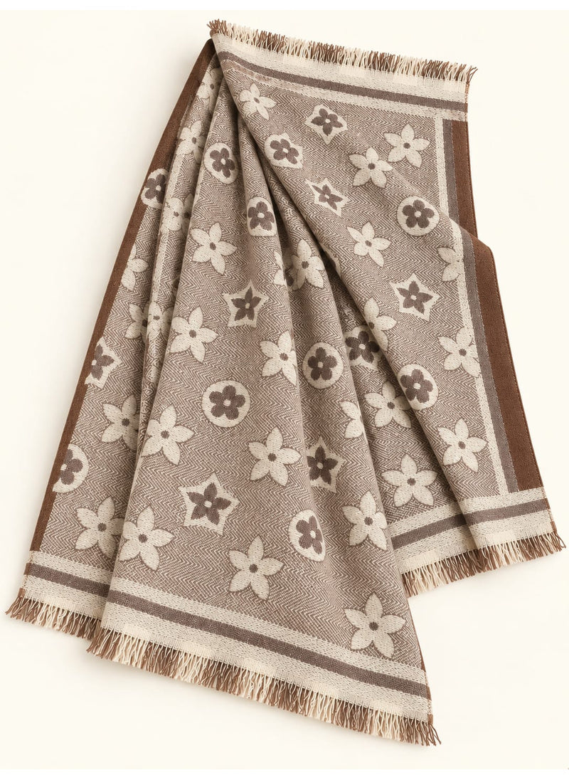 Taupe floral wool winter scarf, 31 x 72 inches, flat-lay showing floral pattern, borders and fringed ends | Hijab Ul Hareem