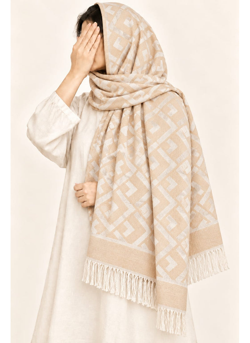 Beige geometric wool winter scarf, 31 × 72 inches, worn as a hijab on a model — Hijab Ul Hareem
