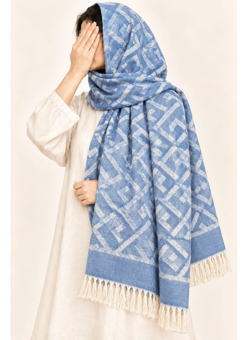 Cornflower Blue geometric wool winter scarf, 31 × 72 inches, worn as a hijab on a model — Hijab Ul Hareem