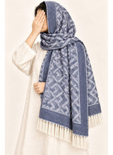 Navy Blue geometric wool winter scarf, 31 × 72 inches, worn as a hijab on a model — Hijab Ul Hareem