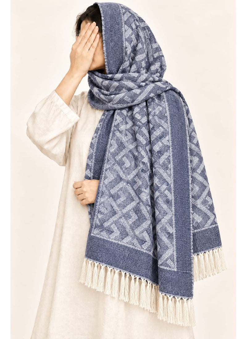 Navy Blue geometric wool winter scarf, 31 × 72 inches, worn as a hijab on a model — Hijab Ul Hareem