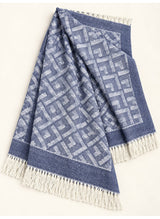 Navy Blue geometric wool winter scarf, 31 × 72 inches, laid out showing its geometric pattern and fringed ends — Hijab Ul Hareem