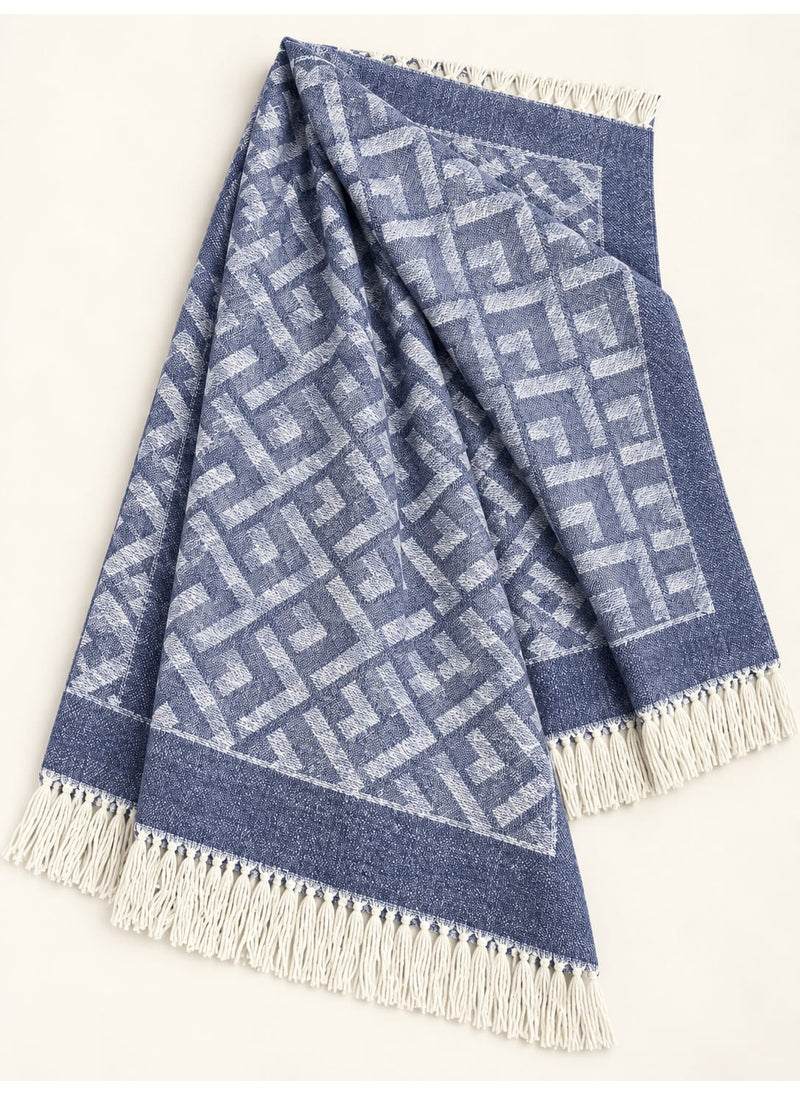 Navy Blue geometric wool winter scarf, 31 × 72 inches, laid out showing its geometric pattern and fringed ends — Hijab Ul Hareem