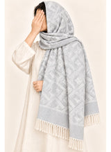 Silver Grey geometric wool winter scarf, 31 × 72 inches, worn as a hijab on a model — Hijab Ul Hareem