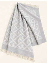 Silver Grey geometric wool winter scarf, 31 × 72 inches, laid out showing its geometric pattern and fringed ends — Hijab Ul Hareem
