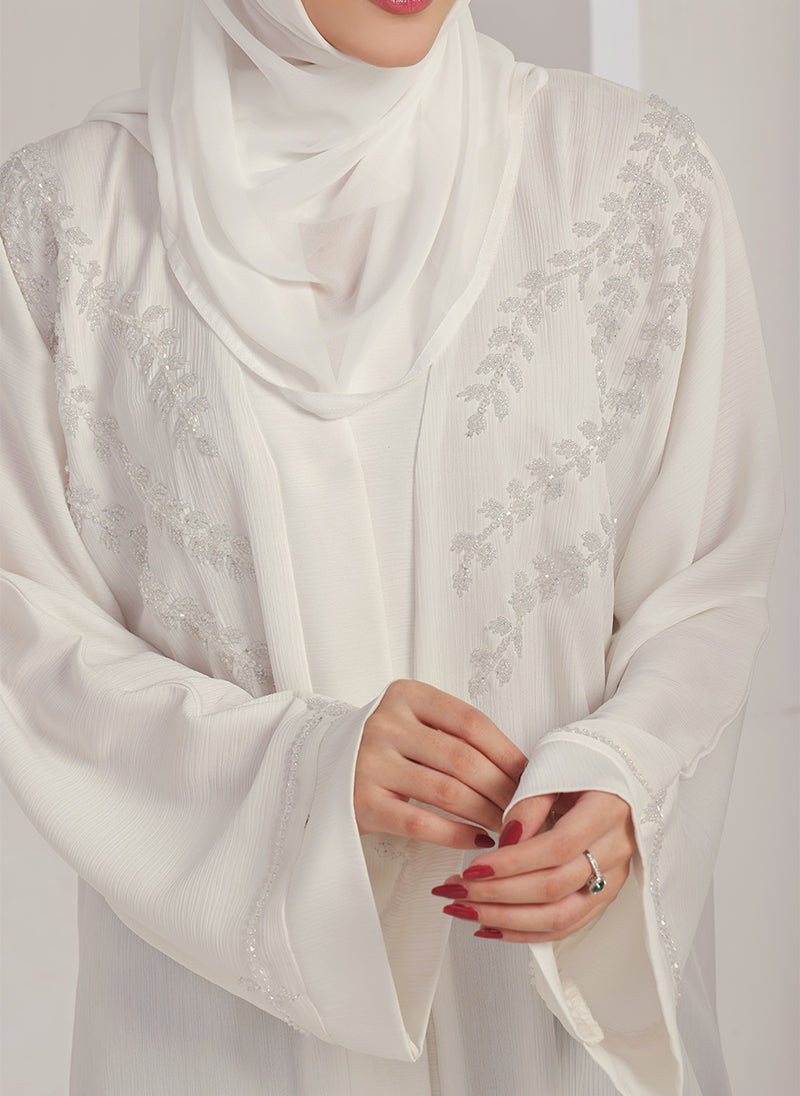 White Zoom Hand Work Abaya - 0116-J-1076