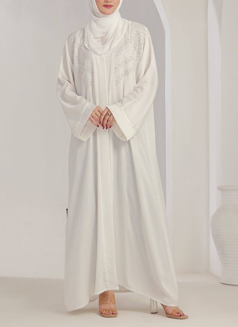 White Zoom Hand Work Abaya - 0116-J-1076