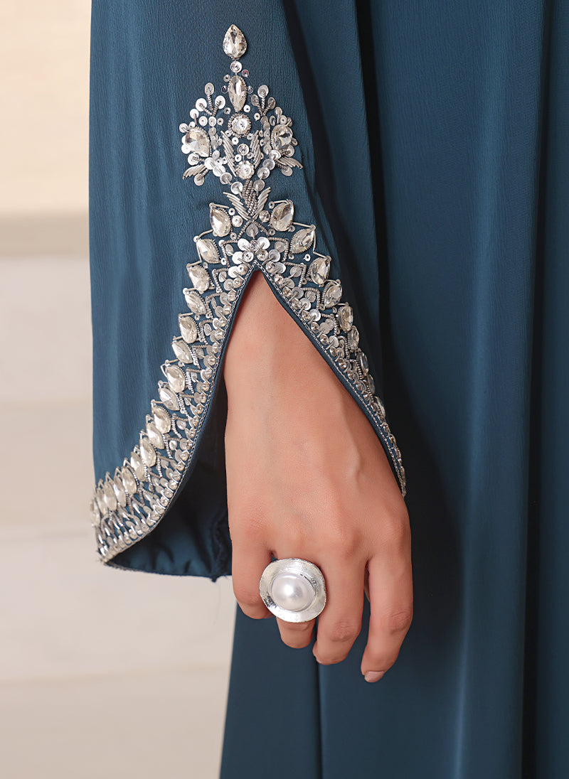 Royal Teal Hand Work Abaya | 0116-J-1101