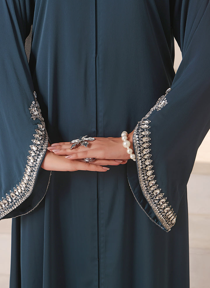 Royal Teal Hand Work Abaya | 0116-J-1101