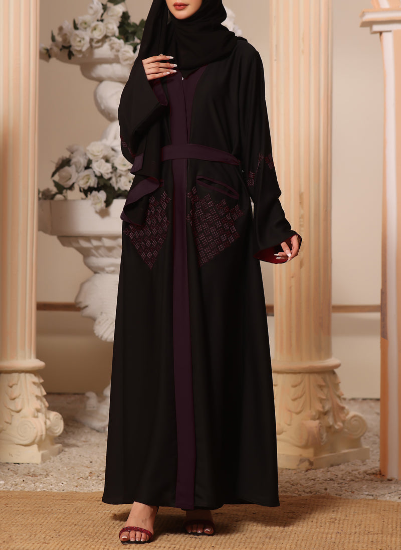 Black and Maroon Machine Embroidery Nida Fabric Front Open Abaya - 0116-K-300