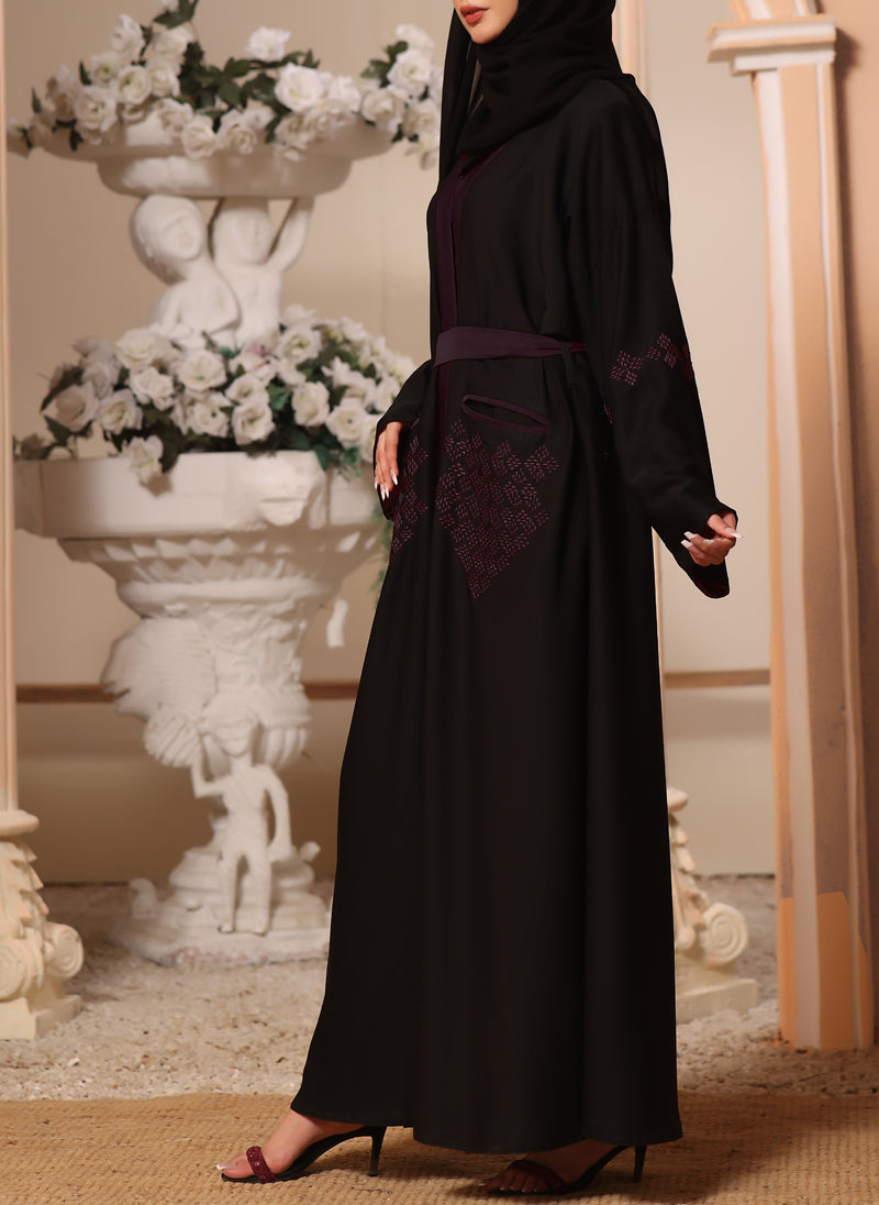 Black and Maroon Machine Embroidery Nida Fabric Front Open Abaya - 0116-K-300