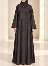 Dark Charcoal Zari Stripe Front Open Abaya | 0116-PR-1223