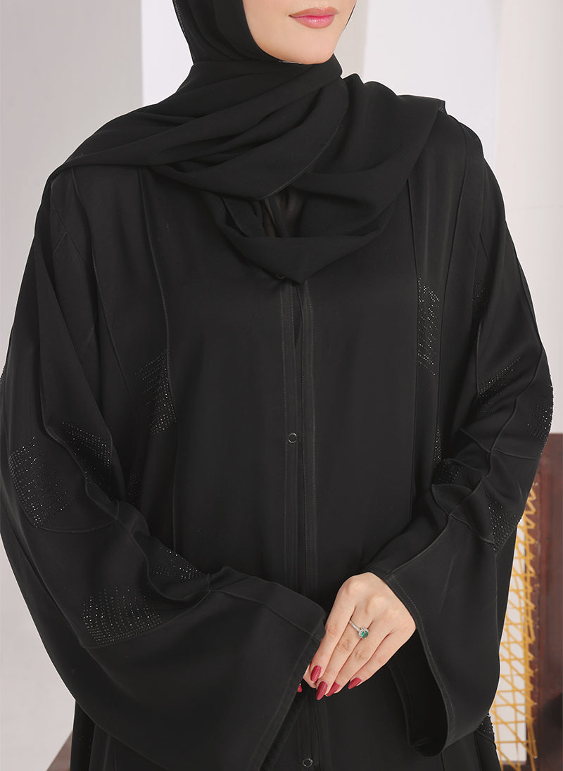 Stone Work Front Open Black Abaya - 0116-RC-1020