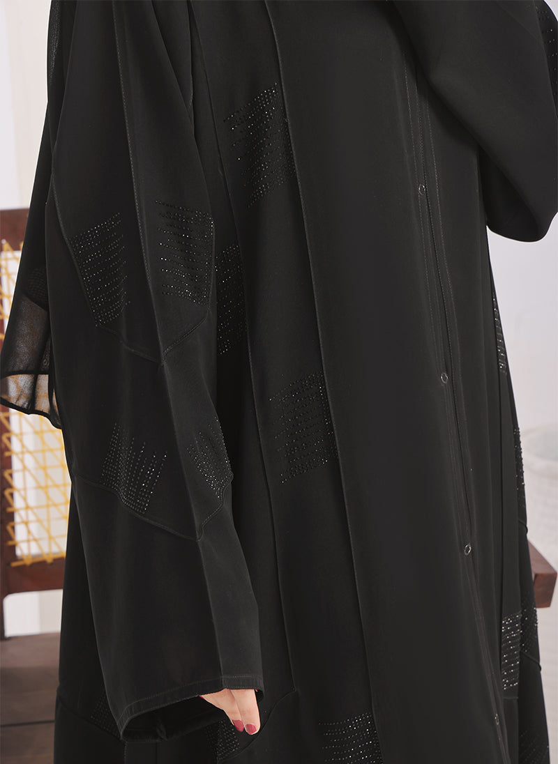 Stone Work Front Open Black Abaya - 0116-RC-1020