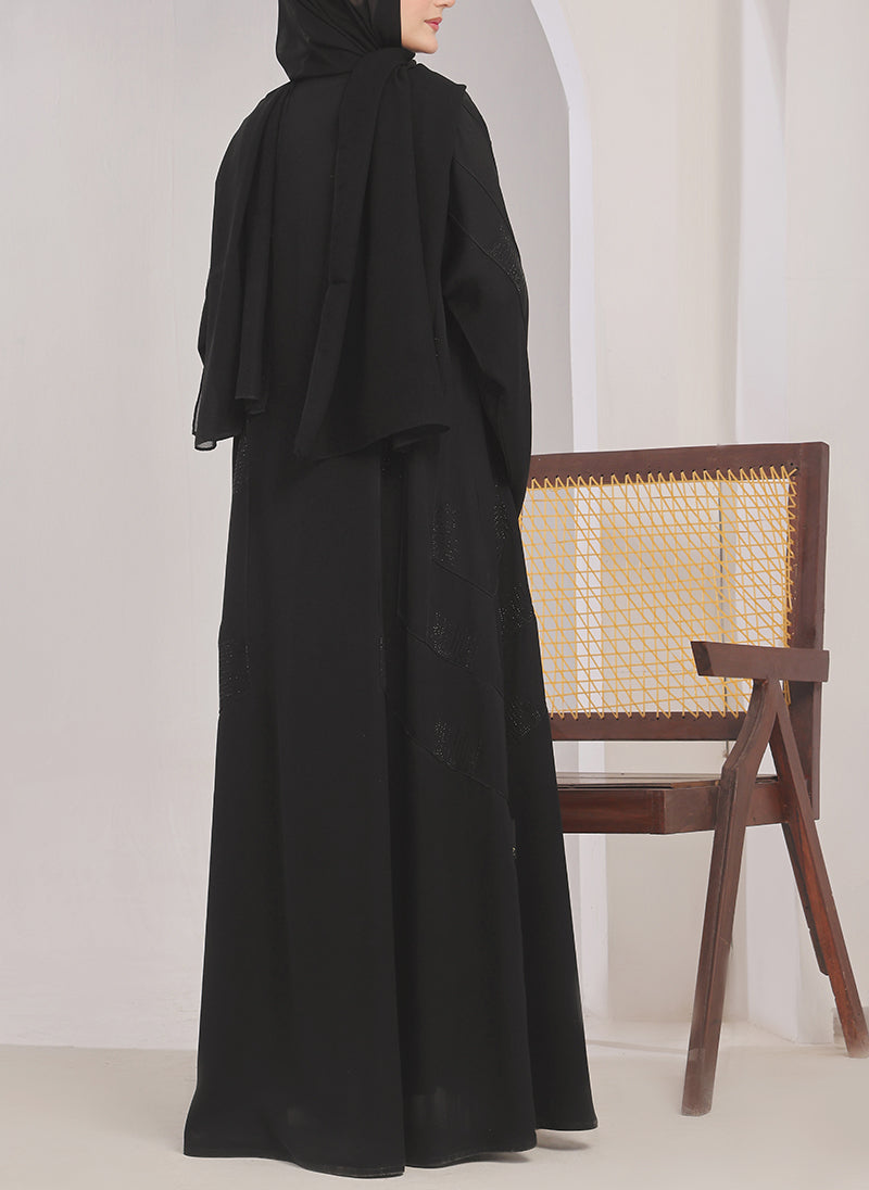 Stone Work Front Open Black Abaya - 0116-RC-1020