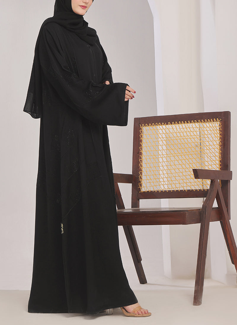 Stone Work Front Open Black Abaya - 0116-RC-1020