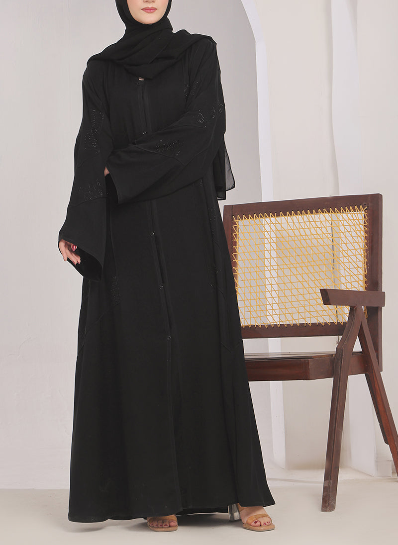 Stone Work Front Open Black Abaya - 0116-RC-1020