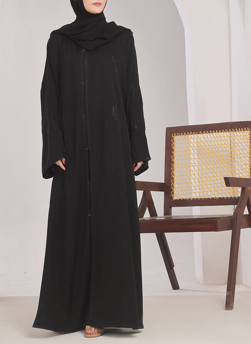 Stone Work Front Open Black Abaya - 0116-RC-1020