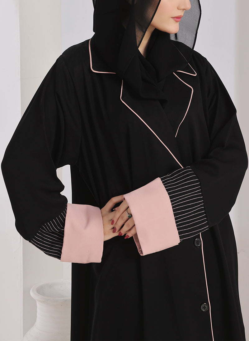 Black & Pink Nida Coat Style Abaya - 0119-R-1002