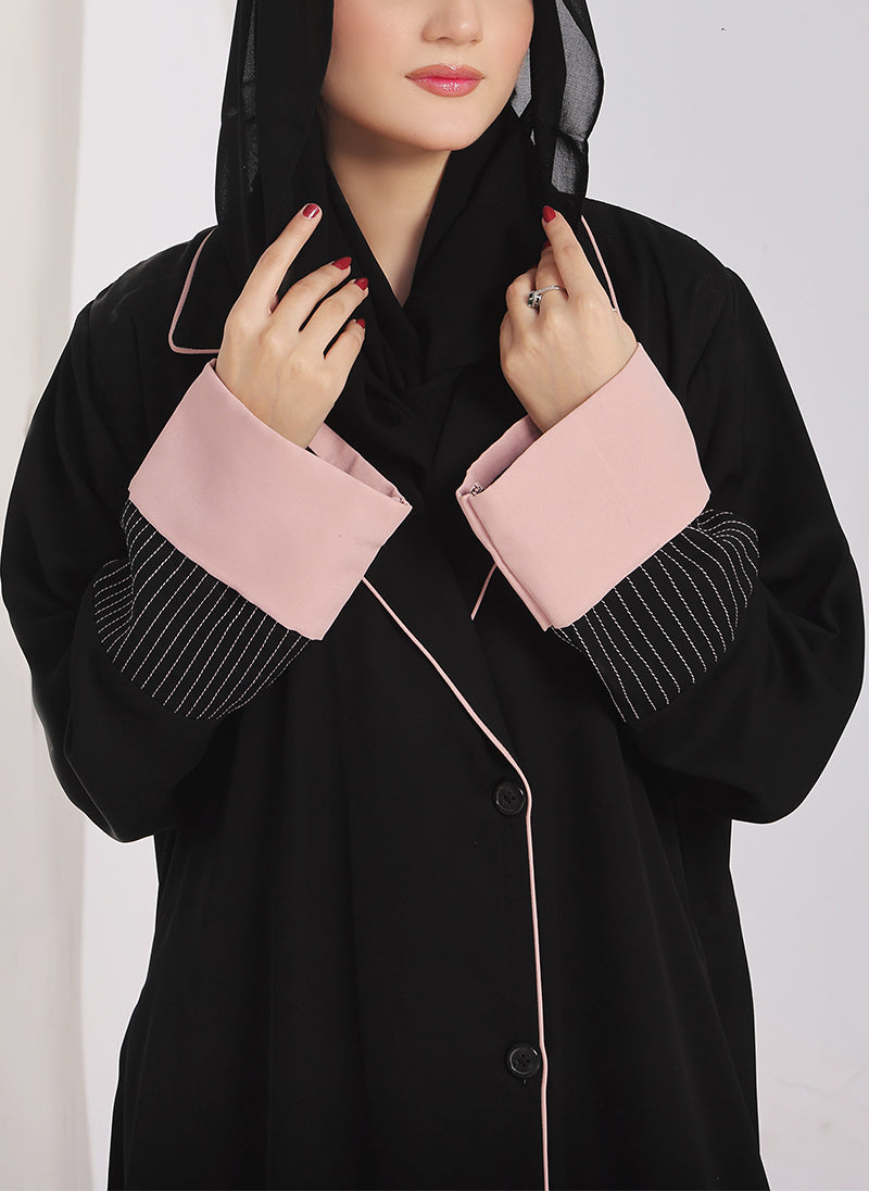 Black & Pink Nida Coat Style Abaya - 0119-R-1002