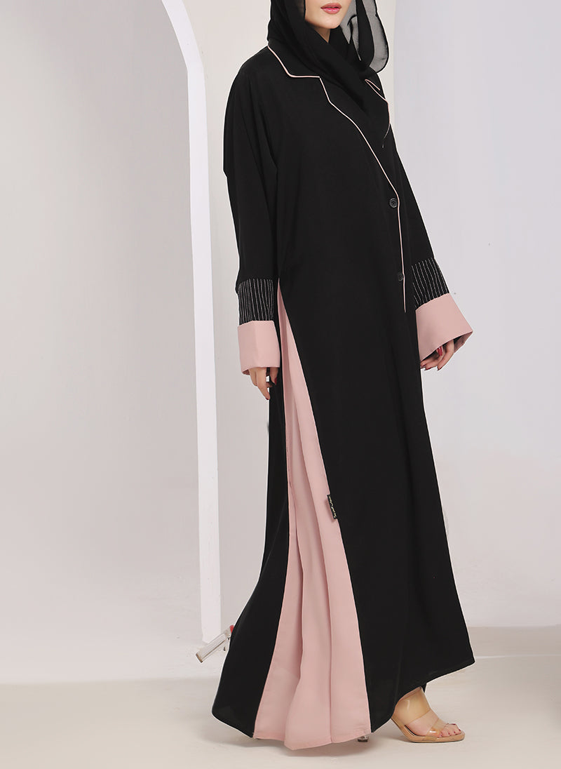 Black & Pink Nida Coat Style Abaya - 0119-R-1002