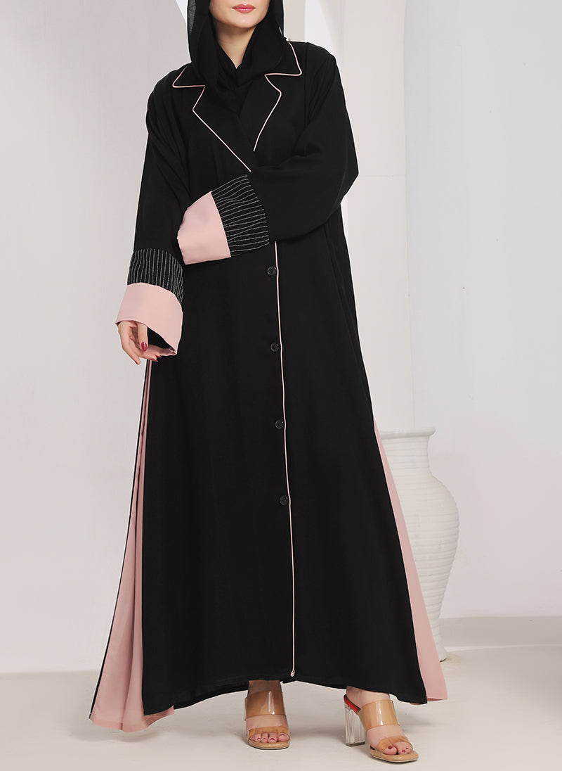 Black & Pink Nida Coat Style Abaya - 0119-R-1002