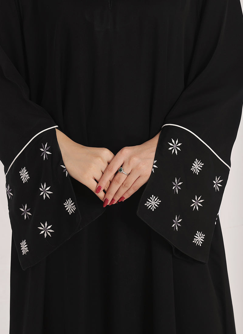 Machine Embroidery Front Close Black Abaya - 0120-E-756
