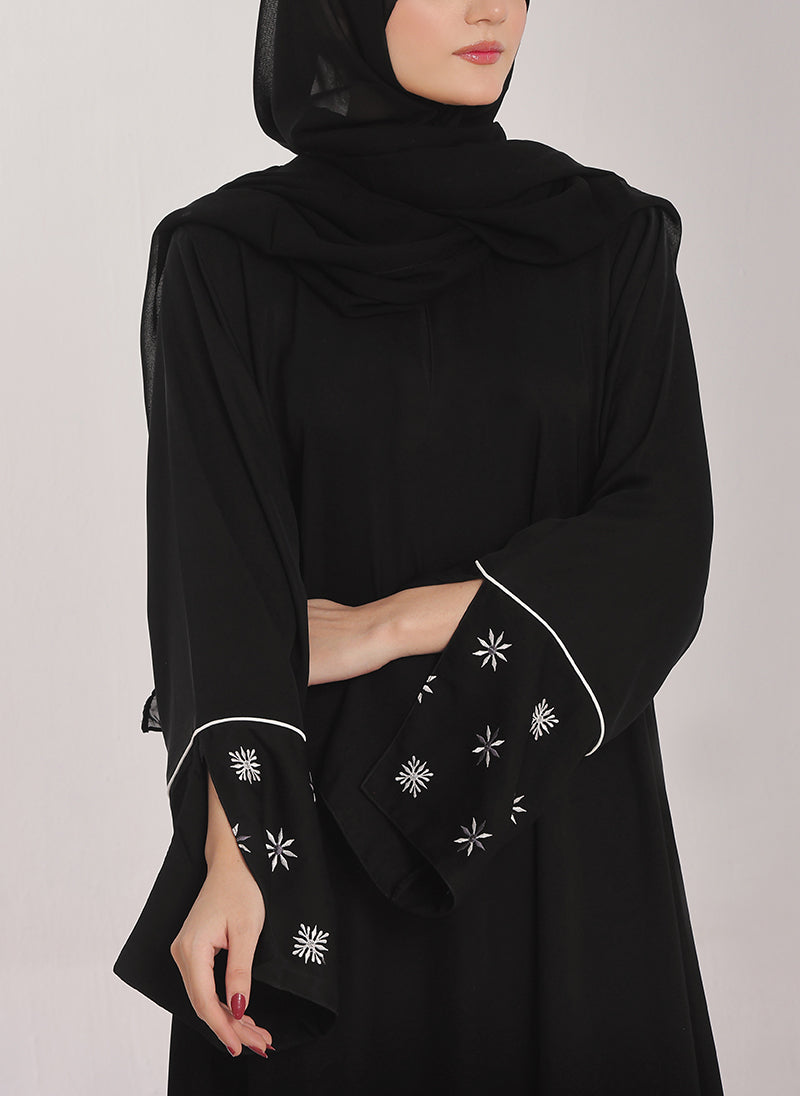 Machine Embroidery Front Close Black Abaya - 0120-E-756