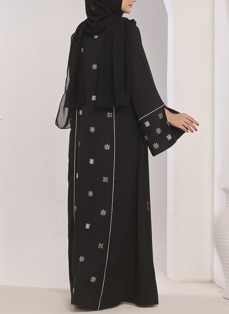 Machine Embroidery Front Close Black Abaya - 0120-E-756