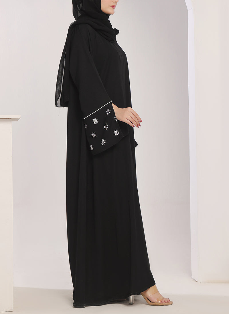 Machine Embroidery Front Close Black Abaya - 0120-E-756