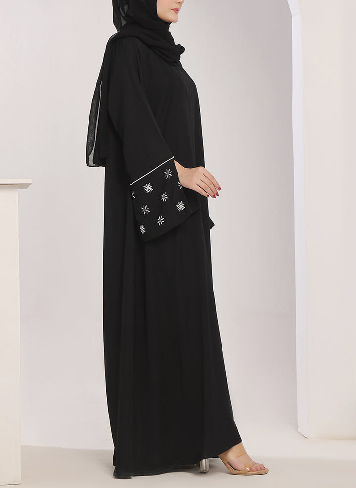 Machine Embroidery Front Close Black Abaya - 0120-E-756