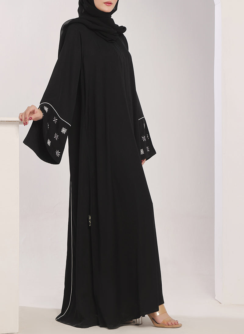 Machine Embroidery Front Close Black Abaya - 0120-E-756