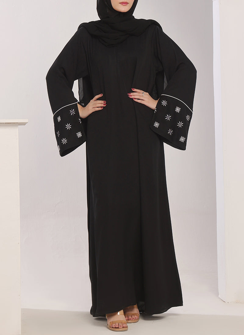 Machine Embroidery Front Close Black Abaya - 0120-E-756