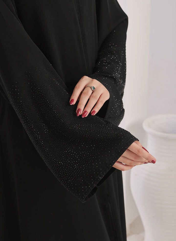 Stone work Front Open Black Nida Abaya - 0121-C-1024