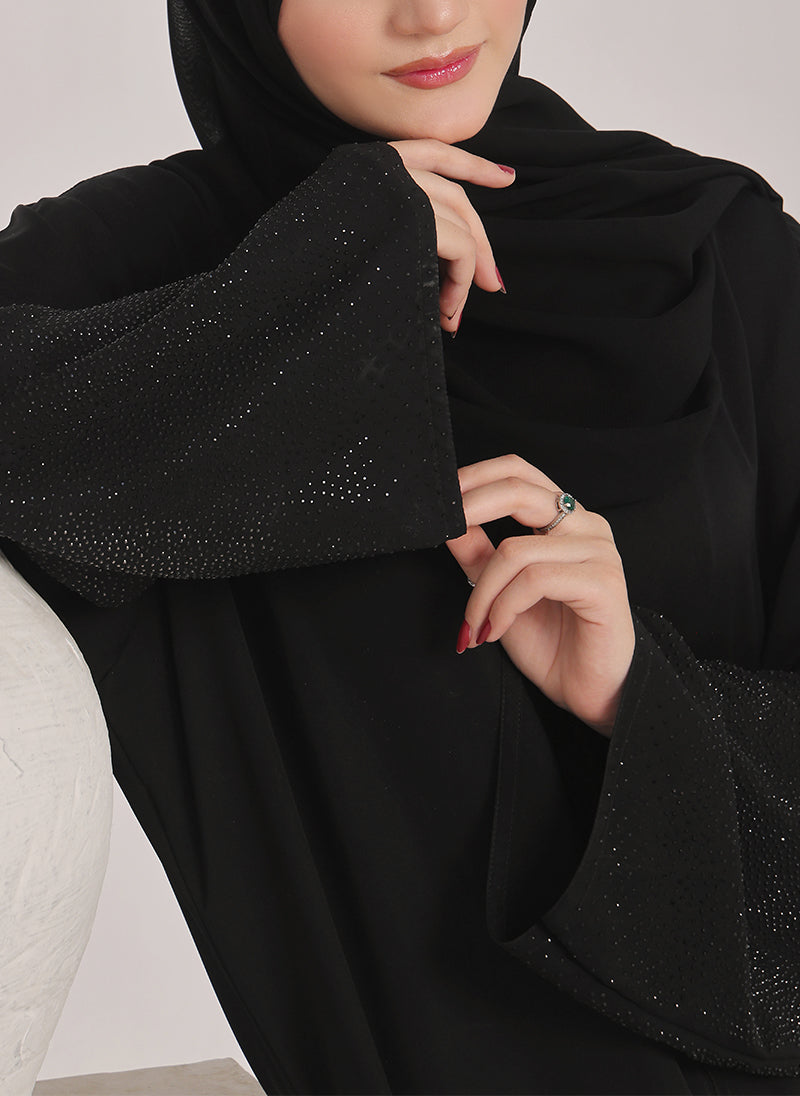 Stone work Front Open Black Abaya - 0121-C-1024