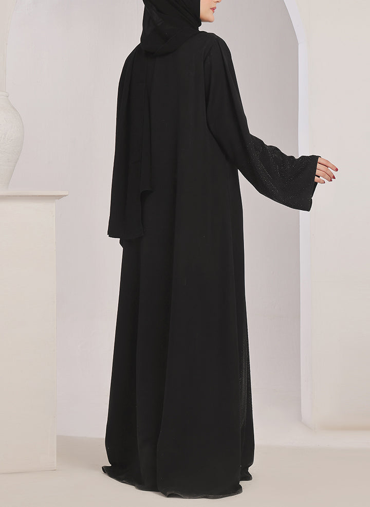 Stone work Front Open Black Nida Abaya - 0121-C-1024