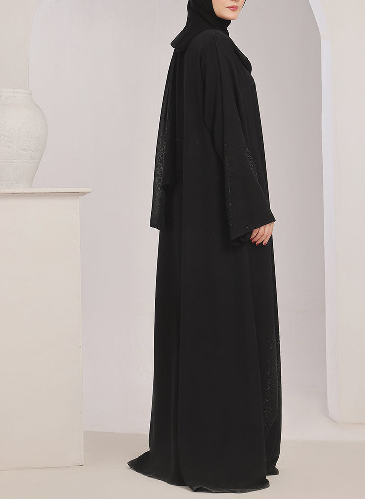 Stone work Front Open Black Nida Abaya - 0121-C-1024