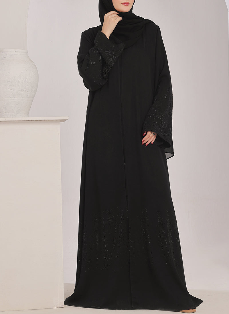 Stone work Front Open Black Nida Abaya - 0121-C-1024