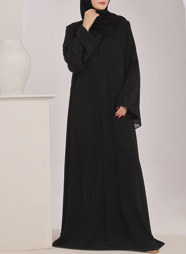Stone work Front Open Black Nida Abaya - 0121-C-1024